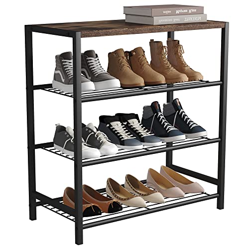 HOME BI 4-Tier Industrial Shoe Rack,Metal Shoe Storage Organizer Shelves with Stable Metal Frame, Shoe Organizer for Closet, Hallway, Entryway, Living Room, Rustic Brown