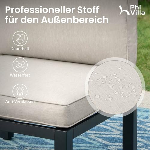 PHI VILLA Gartenmöbel Balkonmöbel Set 4 Teilig, Metall Lounge Möbel Outdoor Gartenlounge Set 4-Sitzer, Terrassenmöbel Modulare Möbel mit Verstärkten Kissen und Kaffeetisch, Beige
