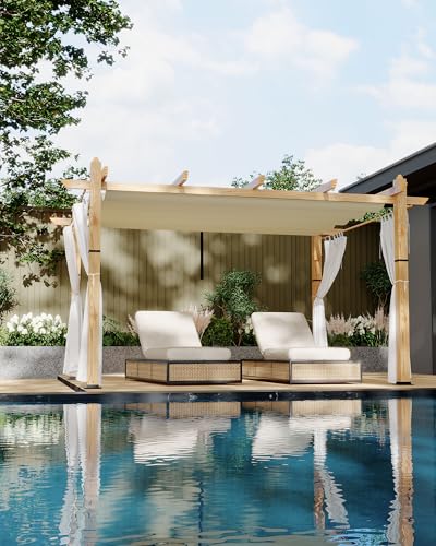 Image of KYBOLT 10x13 Ft Outdoor Pergola with Retractable Canopy Aluminum Gazebo Imitation Wood-Grain Post with Side Mesh Screen Pavilion for Backyard Deck(Beige+White)