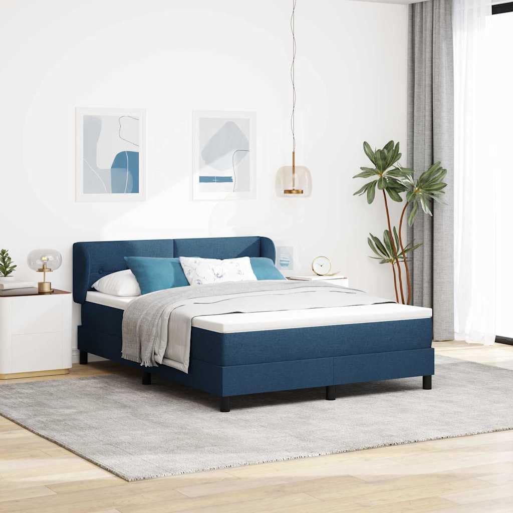 Cama con somier azul, 140 x 190 cm, con colchón y cabecero ajustable, núcleo de muelles ensacados, superficie de descanso de resistencia media, madera y madera de pino, patas negras, diseño