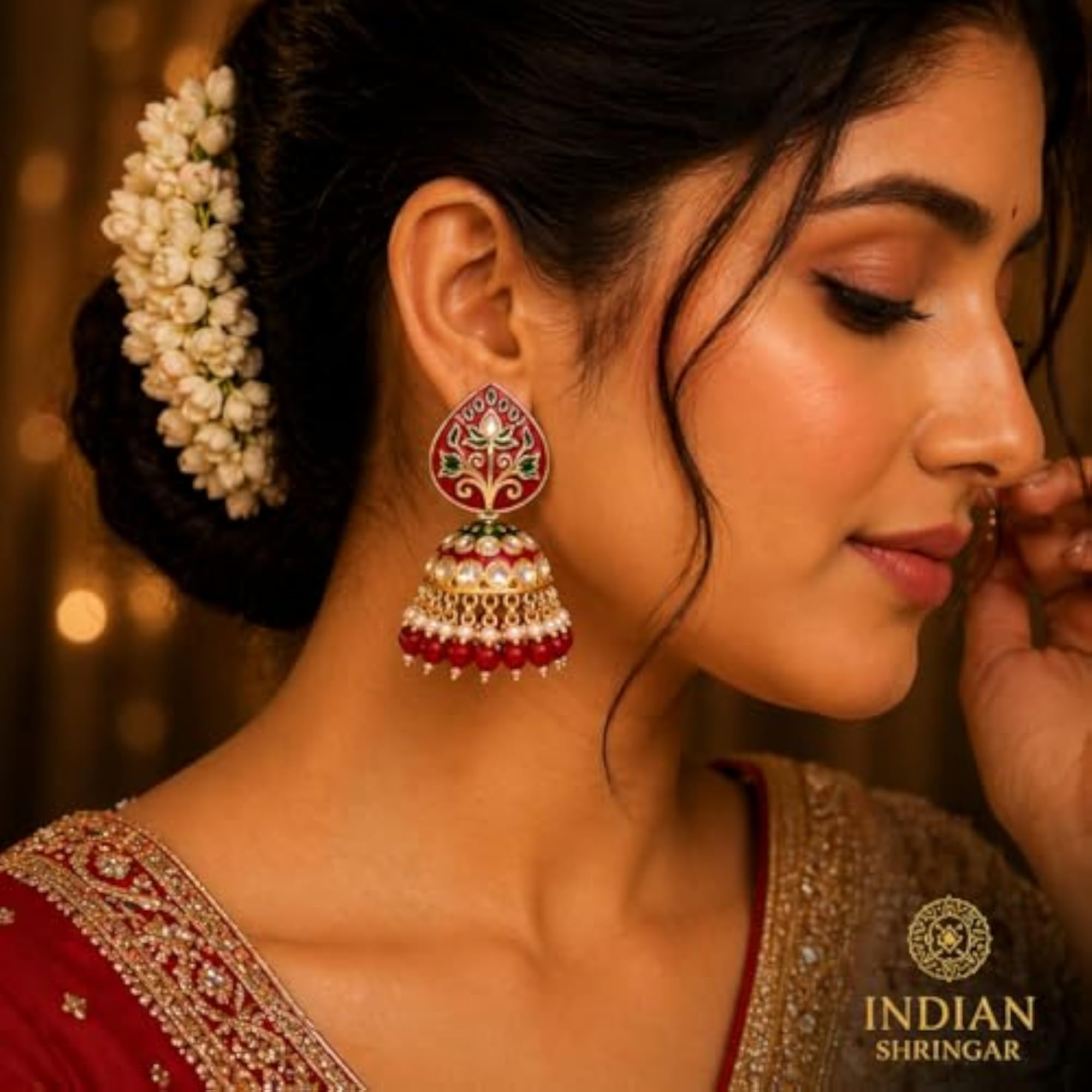 Women's Elegant Kundan Meenakari Jhumki Earrings with Pearl Drops