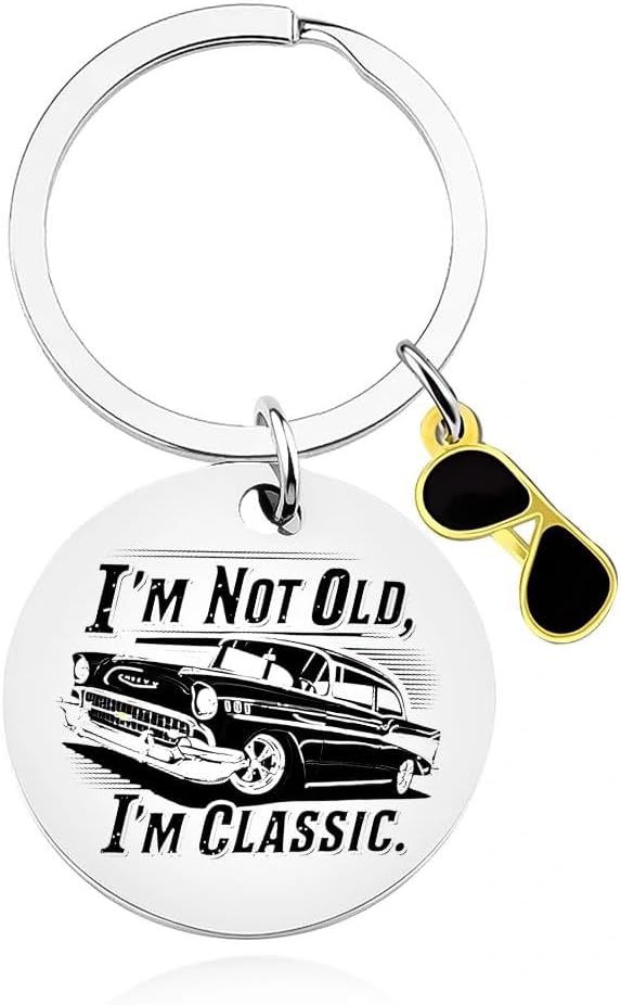 Funny Gifts for Grandpa Daddy Dad Classic Car Keychain for Older Men Silver
