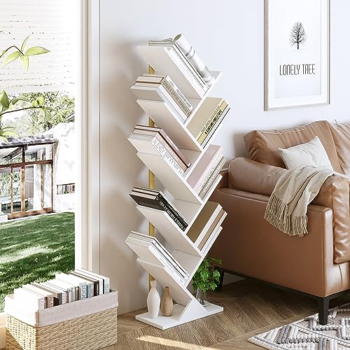 Yusong Tree Bookshelf, Geometric Bookcase with Steel Pipe for Living Room Bedroom, Floor Standing Books Shelves for Home Office (Gold and White) - Image 6