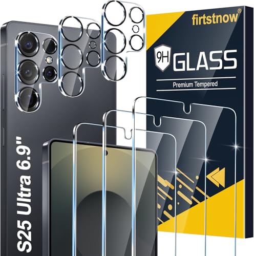 firtstnow 3 Pack Glass Screen Protector for Samsung Galaxy S25 Ultra [6.9 inch] + 3 Pack Camera Lens Protector, 9H Tempered Glass, Fingerprint Unlock, HD Clear Case Friendly Anti-Scratch