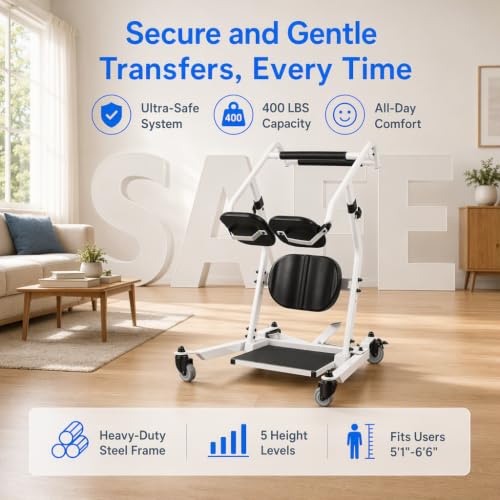 Image of Sit to Stand Lift - 400 lbs Weight Capacity Patient Transfer Chair with Adjustable Height & Base, Heavy Duty Stand Assist Mobility Aid for Elderly, Disabled & Caregivers