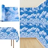 party greeting Blue Sky White Clouds Tablecloth Roll 100FT x 51 Inch Disposable Sky White Cloud Plastic Table Covers Cartoon Clouds Birthday Supplies Wall Backdrop for Kids Birthday Party Décor