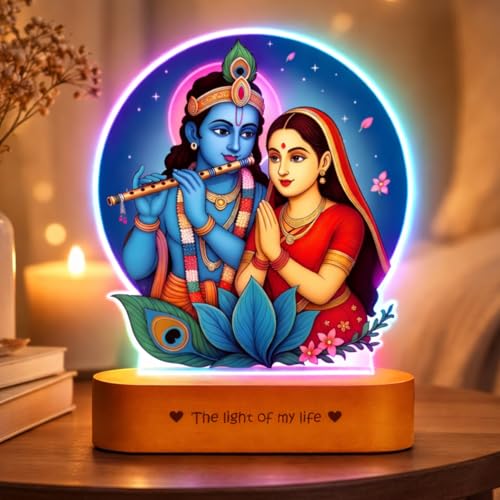 Image of ZOCI VOCI Radha Krishna LED Lamp with Wooden Base - Krishna Night Light for Pooja Room, Radha Krishna Photo Frame Lamp for Home Temple Decor, Bedside Table Lamp (RGB Smooth - (No Remote))