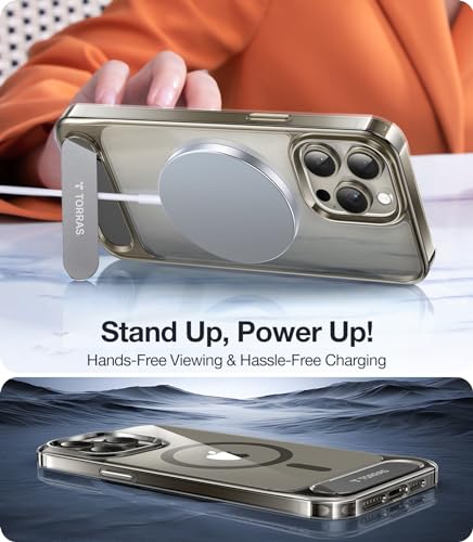 TORRAS Strong Magnetic & Seamless Stand for iPhone 15 Pro Max Case, Fit for MagSafe, Mil-Grade Drop Protection, Adjustable Kickstand for iPhone 15 ProMax Case for Work/Video, Slim Clear Grey — view 2