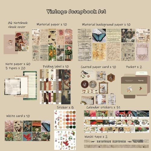 Image of 346Pcs Paper Vintage Aesthetic Scrapbook Kit Scrapbooking Supplies Kit With Bullet Junk Journal, Stationery, Washi Stickers A6 Grid Notebook Journaling Gift For Girl (Post Office Brown Scrapbook)