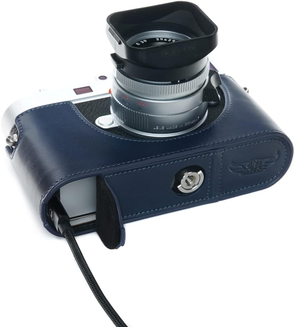 For Leica M11 Camera Case, Handmade Genuine Real Leather Half Camera Case Bag Cover for Leica M11 Camera Bottom Opening Version + Hand Strap (Blue)