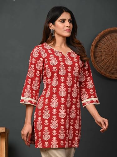 Image of Rimeline Women's Floral Printed Cotton Kurti Top | Round Notch Neck 3 /4 Sleeve Straight Fit Casual Tunic