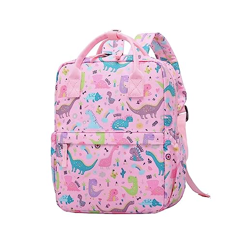KingCheer Cute Preschool Backpack Toddler School Book Bag for Girls Boys Kids Kindergarten Nursery Travel Bag with Chest Strap(15inch Pink Dinosaur)