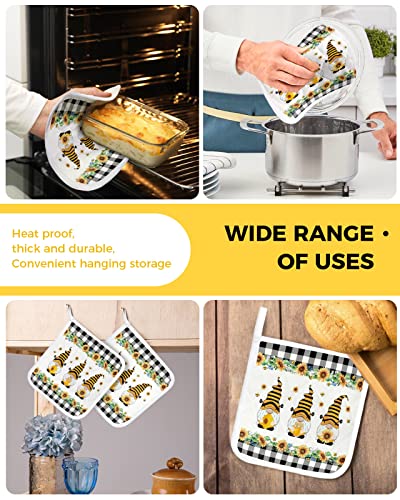 Bee Gnome Sunflower Pot Holder Set Of 4,Black Plaid Potholder Heat Proof Non-Slip Pot Holders,Hot Pads Potholders For Kitchen Cooking Baking Bbq #TOP4