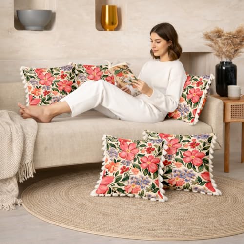 Image of STITCHNEST 'Little Meadow Series' Tassled Cushion Cover | Set of 2 | Floral Cushion Cover 24 inch x 24 inch