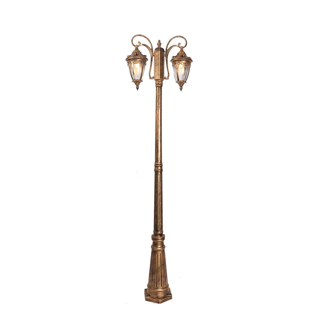 Farola de exterior de 35 m en acabado bronce con 2 luces y farol de cristal transparente