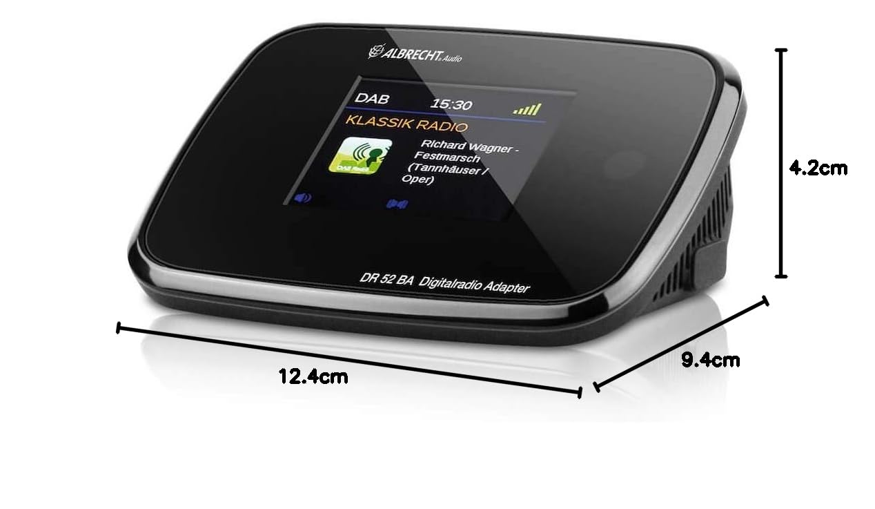 Albrecht Adaptateur DR52BA avec Bluetooth pour la mise à niveau des systèmes hi-fi et des radios FM pour la réception numérique DAB+, avec écran couleur et antenne, couleur noir