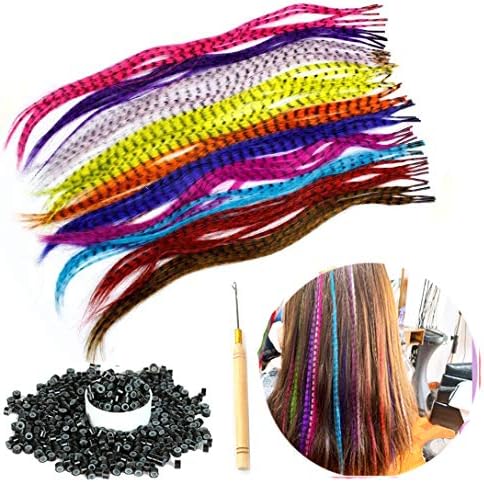 39 Strands 13 Colors 16'' Mixed Colors Colored Synthetic Feather Hair Extensions Kit (Not Real Feather) with 50 Pcs Silicon Micro Link Beads 1 Crochet Hook Tools Kit (16 Inch mixed 39)…