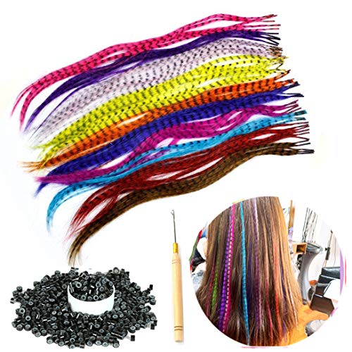 39 Strands 13 Colors 3 Strands/Color 16′ Mixed Colors Colored Synthetic Feather Hair Extensions Kit (Not Real Feather) with 100 Pcs Sillicon Micro Link Beads 1 Crochet Hook Tools Kit (mixed39)