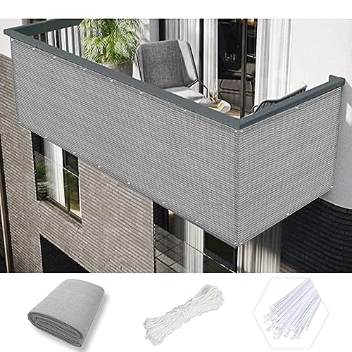 Valla de privacidad para balcón, 45 x 217 pulgadas, valla bloqueadora de sol y viento con agujeros y bridas para cables, para patio, terraza, color gris