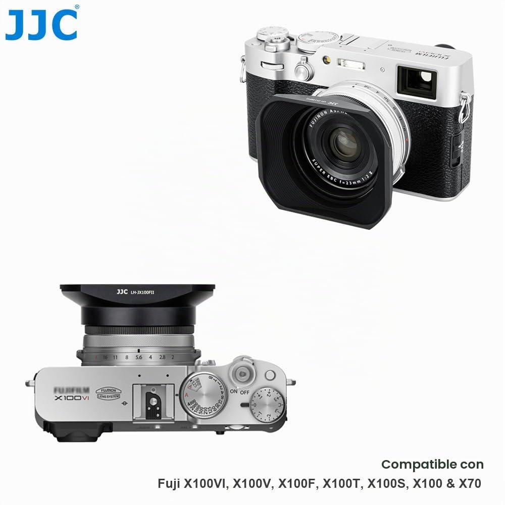 JJC Parasol cuadrado de metal con tapa de capucha para Fujifilm X100 Series y X70 | Capucha reversible de aluminio anodizado negro con tapa de lente deslizante, se adapta a filtro de 49 mm de diámetro