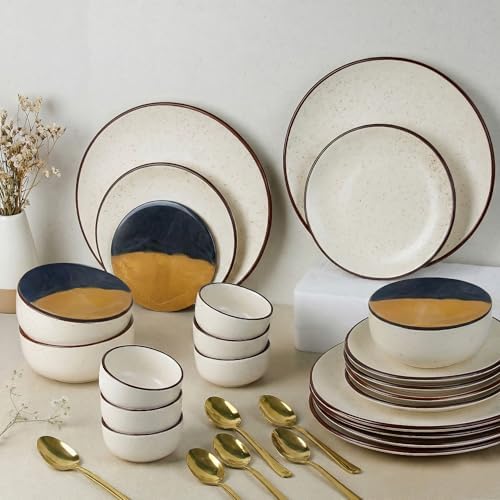 The Earth Store Handcrafted Creme Matte Brown Ceramic Dinner Set, 30 Pieces Serving for 6, Microwave and Dishwasher Safe, Bone-Ash Free, Dinner Sets | Crockery Set for Gifting & Dining