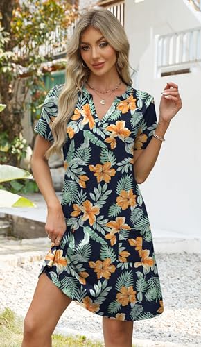 Image of WIHOLL Summer Dresses for Women Casual V Neck Wedding Guest Dress Hawaiian Midi Dress Fashion Beach Vacation Clothes