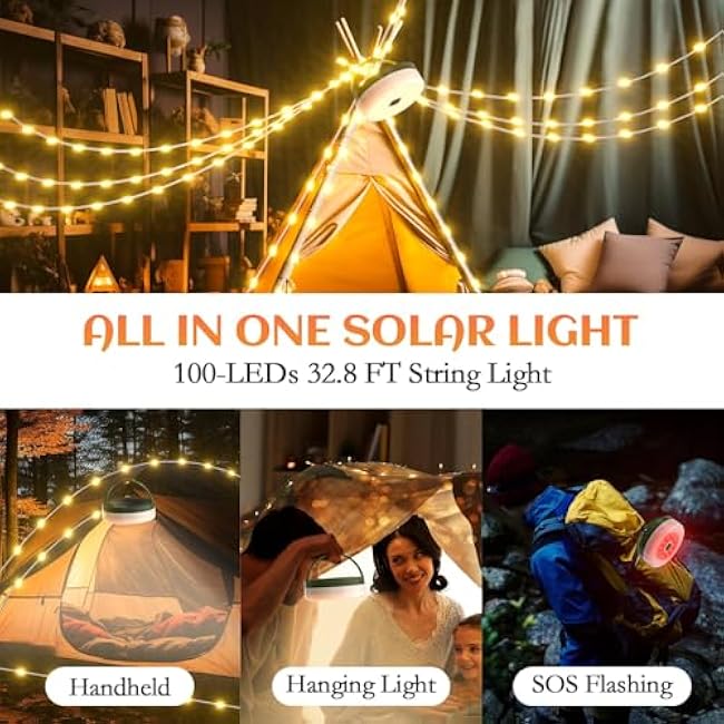 SoulBay Solar String Lights for Outside Camping, Outdoor Waterproof Lantern Light with Remote Timer, USB & Solar Rechargeable, 100-LEDs 32.8FT Strings & 8 Lighting Modes for Camper Tent RVs Patio