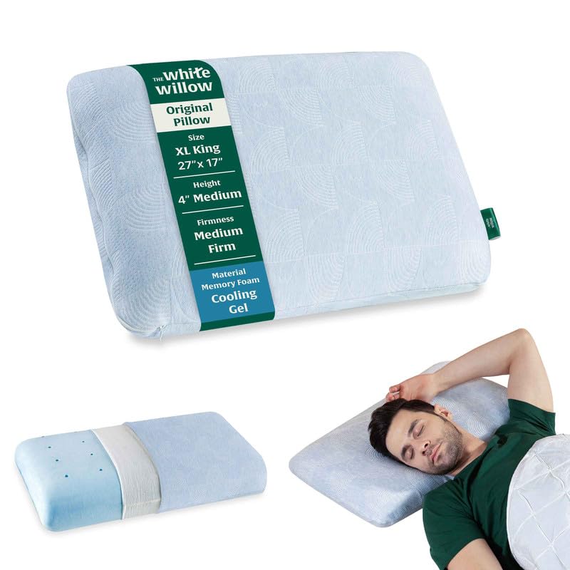 The White Willow Memory Foam Pillow for Neck & Shoulder Pain Relief-Cool Gel-Cervical Pillow for Sleeping-Orthopedic Bed Pillow for Back, Side & Stomach Sleepers-Medium Firm-XL King Size-4" H-Blue