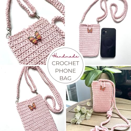 Crossbody Crochet Phone Bag, Handmade Lightweight Cell phone holder Purse with Adjustable Strap, Card Holder, Butterfly wooden Closure, Boho Style for Women & Teens, Small Bag for Festivals, Travel, Gifts.2