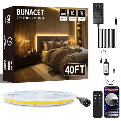 Image of COB LED Strip Light 40ft /12m (1 Roll) Warm White 3000K | High Lumen CRI 90+ with UL Listed Power Adapter Remote for Bedroom Counter Under Cabinet Kitchen Projects