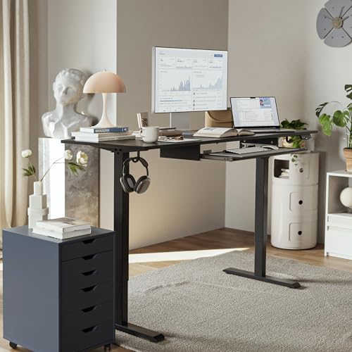 Image of Agilestic Height Adjustable Desk with Keyboard Tray, 55 x 24 Inches Electric Standing Desk, Stand up Computer Table with Memory Preset, Black