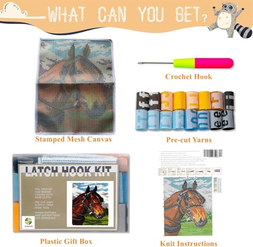 Image of EMISTEM Latch Hook Kits for Adults - DIY Latch Hook Rug Kits , Crochet Kit for Beginners, Rug Making Kits with Printed Canvas, Gift Packaging.(Snow-capped mountains and Fine Horse, 20x15)