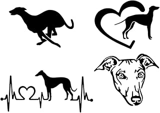 Greyhound Whippet Sighthound Decal 4 Pack: Running, Heart, Whippet Heartbeat, Greyhound Peeking Decals (Small ~3.5", Black)