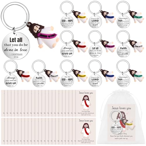 WWmily 24 Sets Christian Bible Verse Mini Jesus Keychain Little Siliconce Figures Religious Positive Inspirational Cards with Organza Bags for Church Sunday School Party Supplies