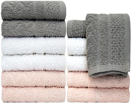 Image of Pleasant Home Chevron Wash Cloths Set - 12 Pack (12 inch x 12 inch) - 509 GSM - 100% Ring Spun Cotton Wash Cloth - Super Soft and Highly Absorbent Face Towels (Light Grey, White & Pink)