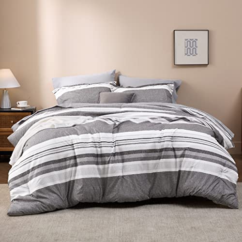 Image of Bedsure Twin Comforter Set 5 Pieces, Frost Grey Striped Bedding Set for All Seasons, Reversible, Cationic Dyeing Bed in a Bag with Comforter, Sheets, Pillowcase & Sham
