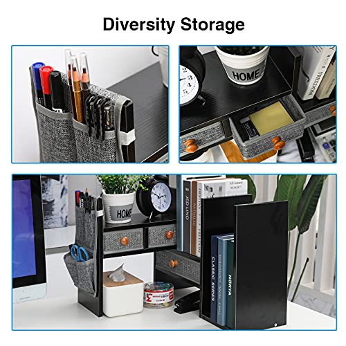 X-Cosrack Wood Expandable Desktop Bookshelf Counter Bookcase Adjustable With Drawers Desktop Shelves Rack Storage Organizer For Office Supplies,Makeup,Black,Petent Pending #TOP3