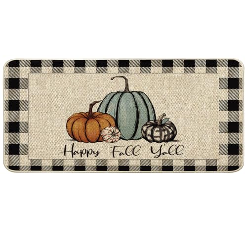 WHOMEAF Happy Fall Y'all Doormat Autumn Buffalo Check Plaid Pumpkin Door Mats Fall Farmhouse Runner Rugs Entrance Low Profile Non Slip Floor Mat for Home Patio in/Outdoor Decor 17x36 in (Blue)