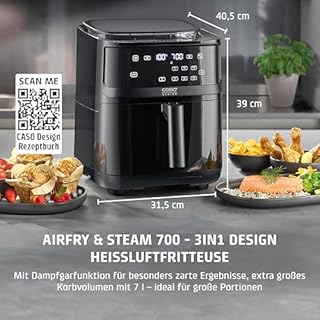CASO AirFry & Steam 700 - Heißluftfritteuse und Dampfgarer - Testurteil: Sehr Gut, extra großes Korbvolumen 7 Liter, Dampfgarer & Airfryer, Fritteuse ohne Öl/Fett, Schwarz
