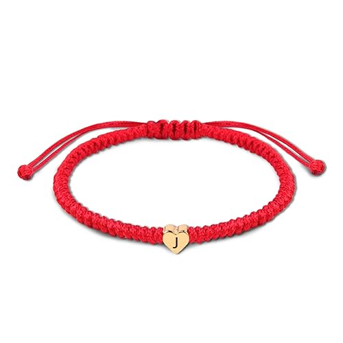 Initial Bracelet Gold Heart Love Charm Initial Bracelet Red Initial J Letter Bracelets Handmade Adjustable Rope Bracelets for Girls Boy Mom Birthday