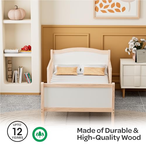 سرير خشبي للأطفال الصغار بقضيب حماية، تصميم أنيق ومتين مصنوع من خشب الصنوبر النيوزيلندي من ذا مون براند، (1.4 م × 73 سم× 60 سم)، للأطفال الصغار من 3 إلى 12 سنة، وزن يصل إلى 50 كجم