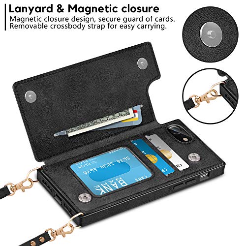 Vofolen For Iphone Se 2022 Case Card Holder Lanyard Neck Crossbody Detachable Strap Protective Id Slot Pocket Square Flip Slim Women Girls Cover Soft Pu Leather Double Magnetic Clasp For 7/8/Se Black #TOP2