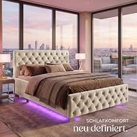 tectake® Polsterbett, 120x200cm, mit LED Beleuchtung, Fernbedienung, Bettkasten, Chesterfield, 200kg Belastbarkeit, Stauraumbett, Gasdruckfeder, Lattenrost, Schlafzimmerbett - Samtoptik Sand – Ansicht 8