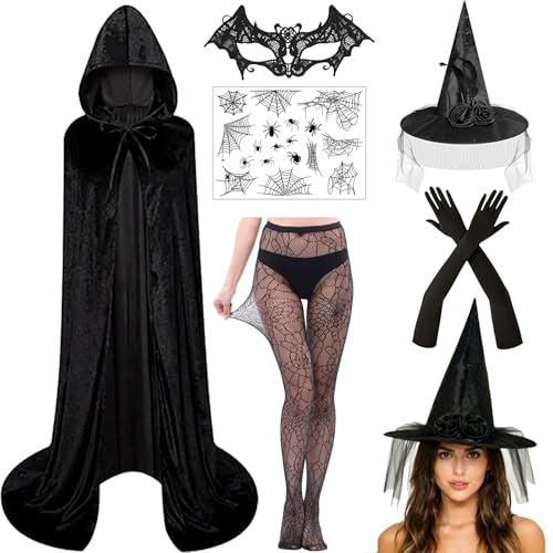 FCYQSD Hexenkostüm Damen Halloween Hexen Kostüm Hexenhut Kapuzenumhang Witch Costume für Halloween Karneval Mottoparty
