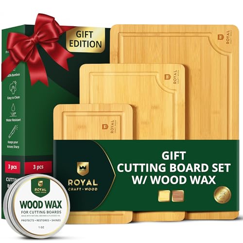 Image of ROYAL CRAFT WOOD Bamboo Cutting Board Gift Set – 3-Piece Reversible Wooden Boards with Deep Juice Groove & Handles – Premium Charcuterie & Butcher Blocks for Kitchen – Holiday Gift-Ready Packaging