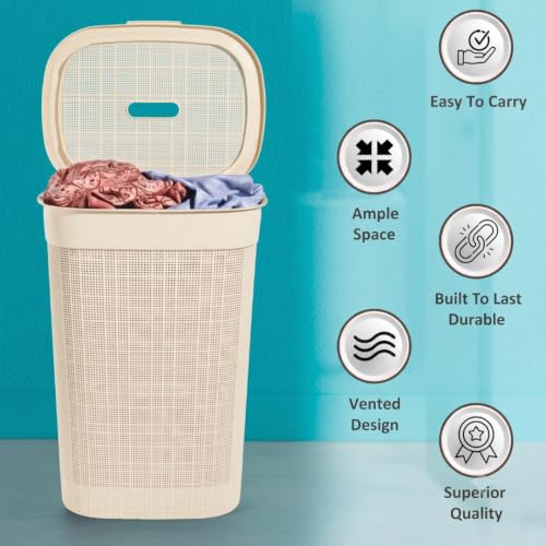 Image of 70 Ltr Plastic Big Laundry Basket for Clothes with Lid & Carry Handles | Lightweight & Ventilated Design Cloth Basket - Ideal for Home Organization and Storage | Cream