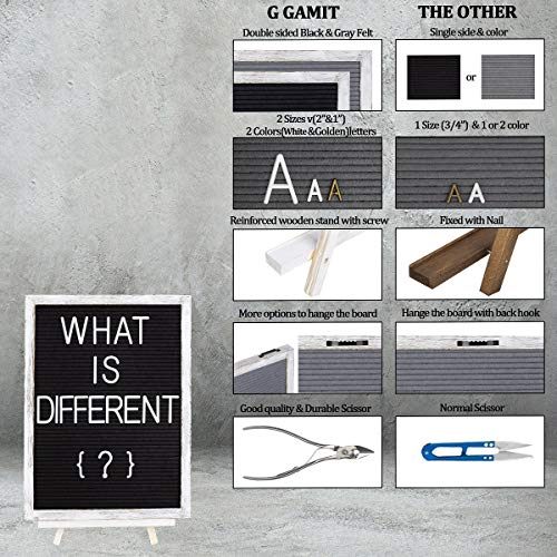 G Gamit Double Sided Felt Letter Board 12”X16”With White Rustic Wood Frame,1113 White&Gold Letters,Script Cursive Words&Photo Clips,Sign Board&Message Board With Stand,Scissor&Canvas Bags #TOP2