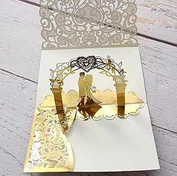 NC 10 Pack Gold 3D Pop Up Wedding Invitations - Elegant Bride & Groom Design Anniversary Cards for Wedding Party Celebrations (7.2x5 inch)