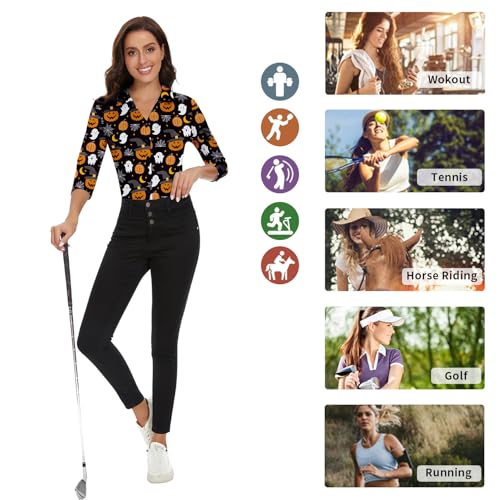 Image of Soneven Womens Golf Polo Shirts 3 /4 Long Sleeve V Neck Button Down Shirts Business Causal Work Blouses Tops
