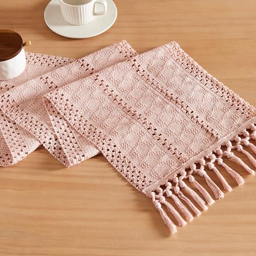 Image of ZeeMart Macrame Style Boho Table Runner, 12x36 Inch Light Pink | Woven Boho Table Runner with Handmade Tassels, Crochet Hollow Table Scarf, Farmhouse Kitchen Home Decor Dresser Runner